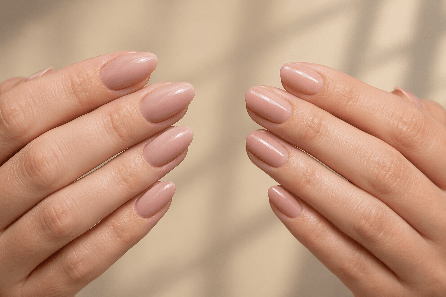 Side-by-side comparison of one hand with builder gel overlay and one hand with regular gel polish.