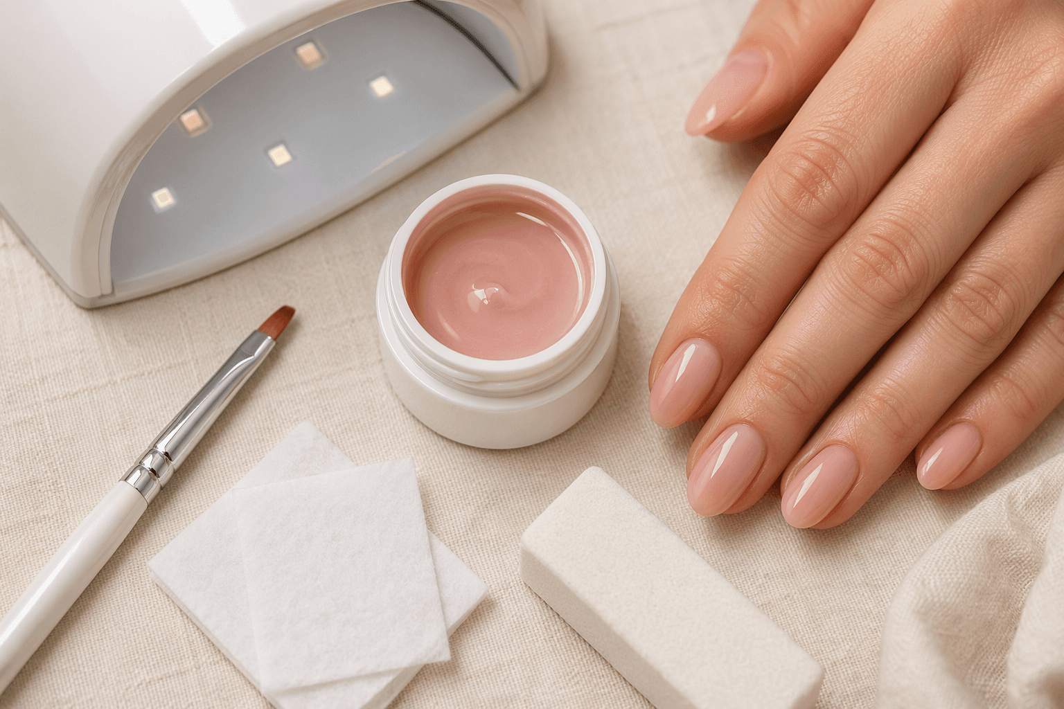 DIY setup for applying builder gel at home: lamp, gel pot, brush, wipes and a finished short overlay.