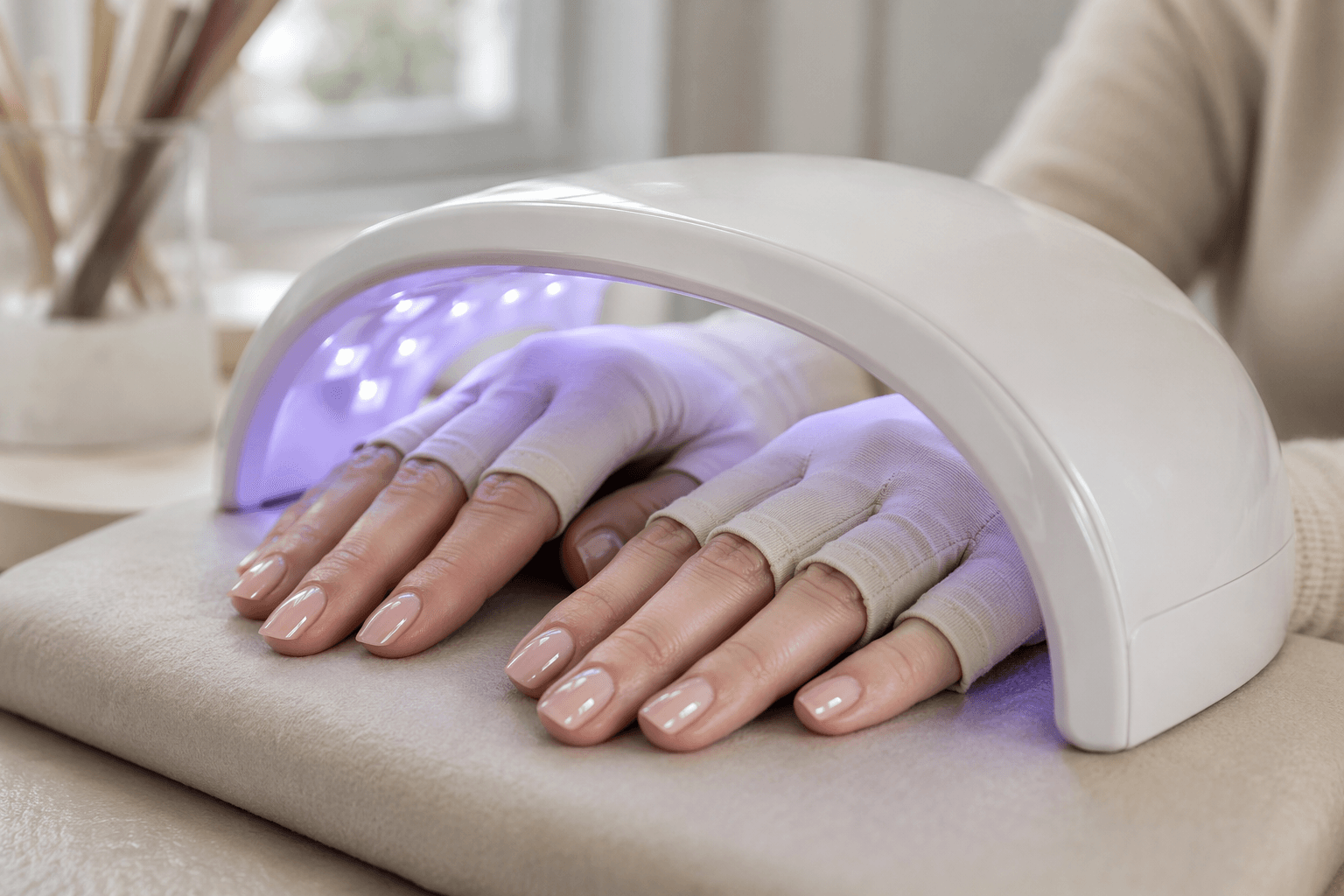 Hands under a UV lamp wearing fingerless protective gloves, with a manicurist observing cure.
