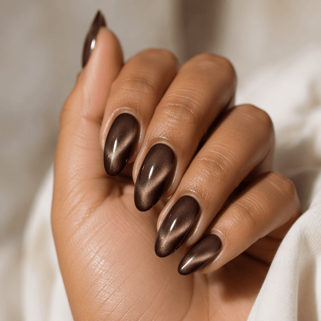 Medium almond builder gel nails with a mocha cat-eye effect: a soft diagonal band of light across each nail.