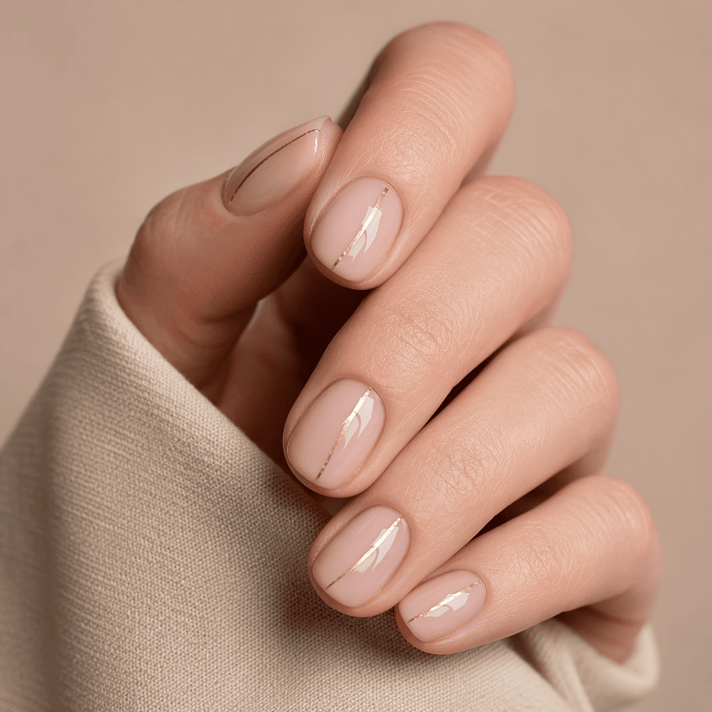 Short round builder gel nails with a clear base and a single thin metallic gold line per nail.